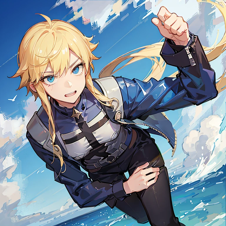a blonde boy from the anime my hero academia wearing a black and blue hero costume