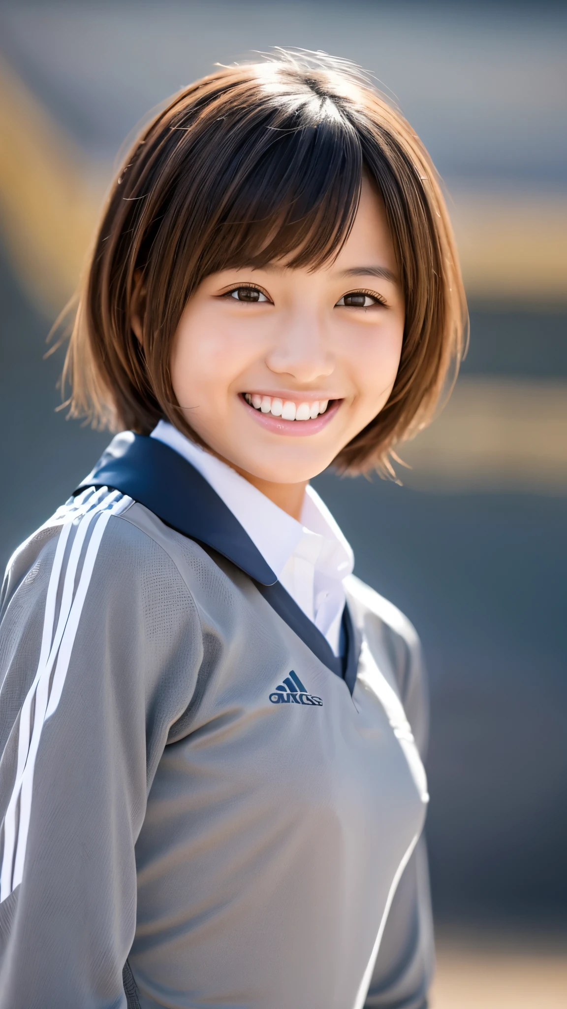 (Gray background:1.5, Close-up shot:1), (Realistic:1.4), (highest quality:1.0), (Ultra-high resolution:1.0), 8k, RAW Photos, (masterpiece:0.2), One girl, Beautiful Skin, Detailed skin, Big smile, teeth, (short hair:1), (Soccer uniforms:1.2)
