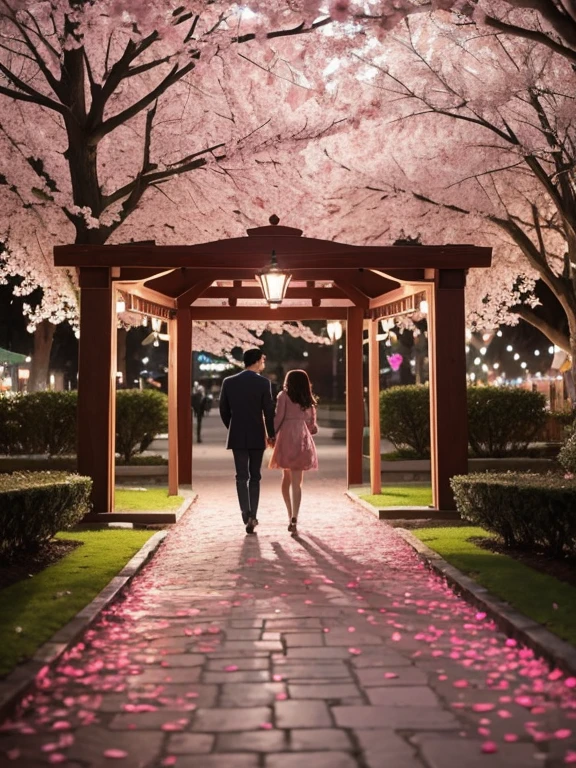 Imagine a couple soaking up the romantic atmosphere as they stroll through a whimsical playground on Valentine&#39;s Day.. Soft hues of pink and red surround them., Heart-shaped ornaments hanging from the tree. The air is filled with the sweet smell of flowers, Rose petals are scattered on the ground. The couple, Lost in each other's company, Exchange affectionate glances under the warm glow of decorative fairy lights, Create truly magical and intimate scenes.
