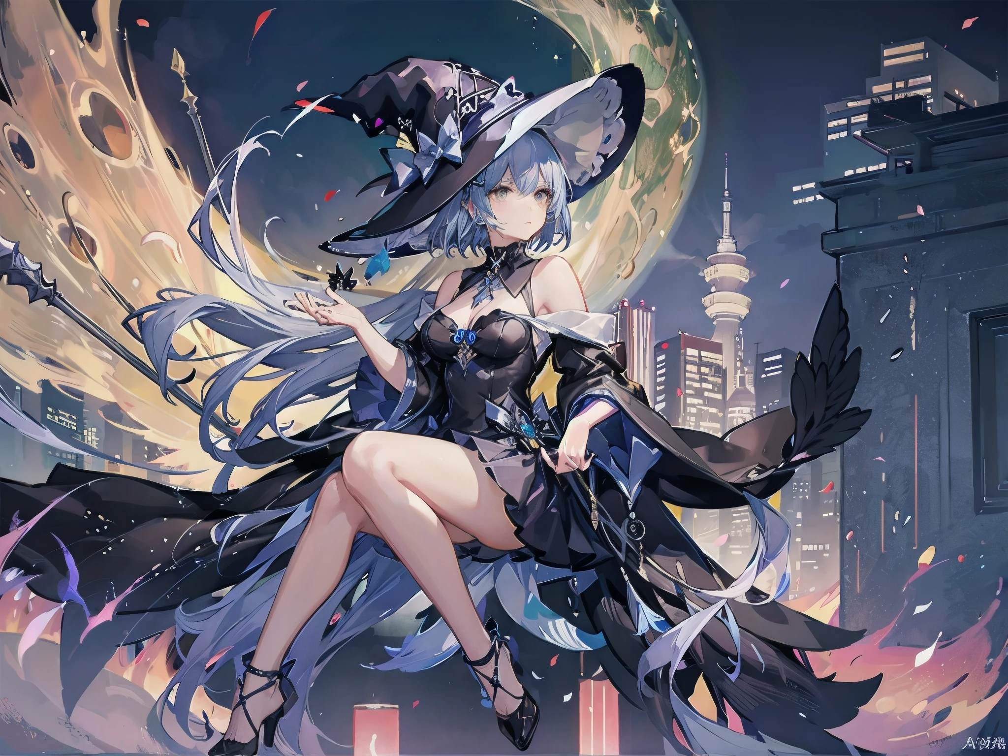 A girl stands on the rooftop of a high-rise building overlooking Tokyo late at night、She has a short bob with a white lob of hair and wears a large black witch hat with sapphire jewelry.、淡い紺色のリボンの白と黒のSailor suitを着ている高校生、She wears a large witch's hat with a small sapphire accessory、A few star creams、Beautiful starry sky、Beautiful night view、large witch's hat 、Sailor suit、Box Skirt、