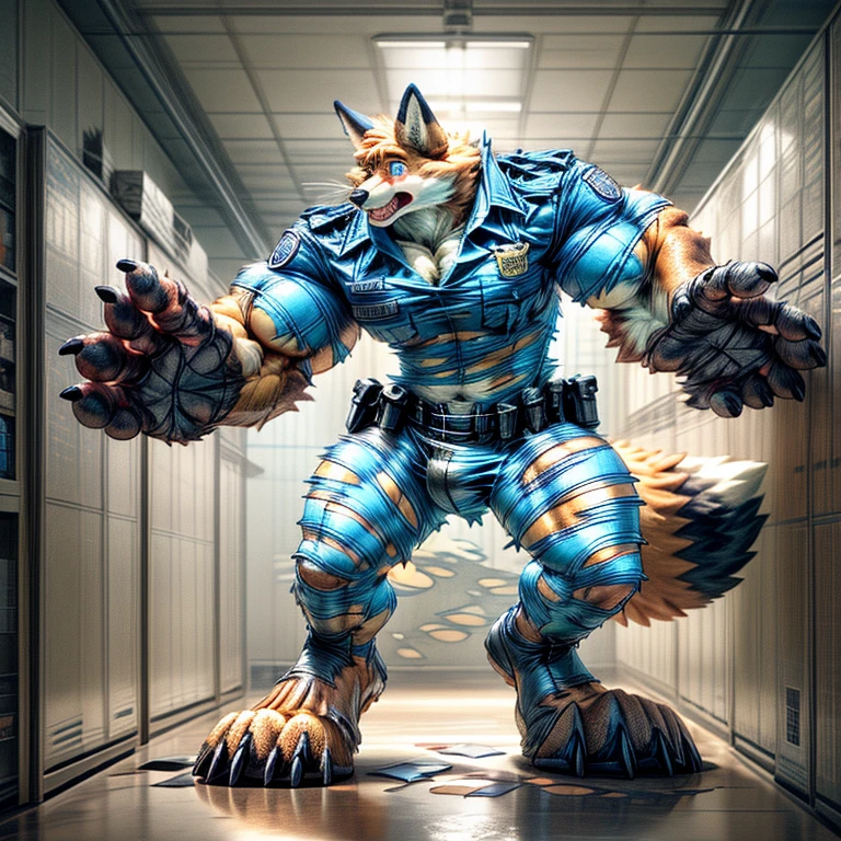 A human police officer (((((partially transformed))))) into an (anthro muscle red fox, blue eyes, brown forearm, whiskers black stripe) in a (police station). (((human legs))), ((big paws)), (shocked expression), (ripped clothing), ((gign uniform)), broad shoulders, big biceps, big pecs, big thighs, hyper giant bulge (((big feet))), (detailed fox face), male focus, detailed eyes, high quality, best quality, concept art, photorealistic (((midtransformation))), ((torn boots))