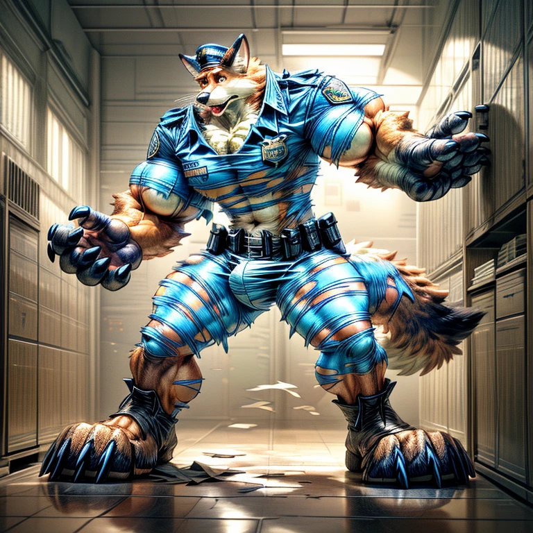 A human police officer (((((partially transformed))))) into an (anthro muscle red fox, blue eyes, brown forearm, whiskers black stripe) in a (police station). (((human legs))), ((big paws)), (shocked expression), (ripped clothing), ((gign uniform)), broad shoulders, big biceps, big pecs, big thighs, hyper giant bulge (((big feet))), (detailed fox face), male focus, detailed eyes, high quality, best quality, concept art, photorealistic (((midtransformation))), ((torn boots))