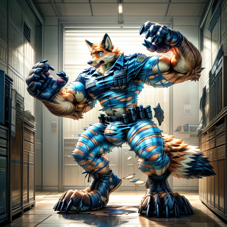 A human police officer (((((partially transformed))))) into an (anthro muscle red fox, blue eyes, brown forearm, whiskers black stripe) in a (police station). (((human legs))), ((big paws)), (shocked expression), (ripped clothing), ((gign uniform)), broad shoulders, big biceps, big pecs, big thighs, hyper giant bulge (((big feet))), (detailed fox face), male focus, detailed eyes, high quality, best quality, concept art, photorealistic (((midtransformation))), ((torn boots))