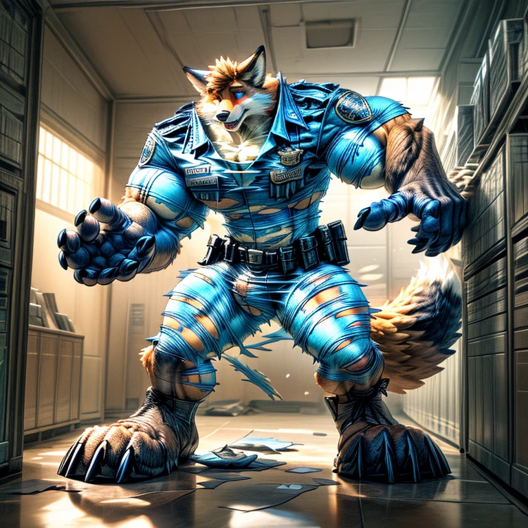 A human police officer (((((partially transformed))))) into an (anthro muscle red fox, blue eyes, brown forearm, whiskers black stripe) in a (police station). (((human legs))), ((big paws)), (shocked expression), (ripped clothing), ((gign uniform)), broad shoulders, big biceps, big pecs, big thighs, hyper giant bulge (((big feet))), (detailed fox face), male focus, detailed eyes, high quality, best quality, concept art, photorealistic (((midtransformation))), ((torn boots))