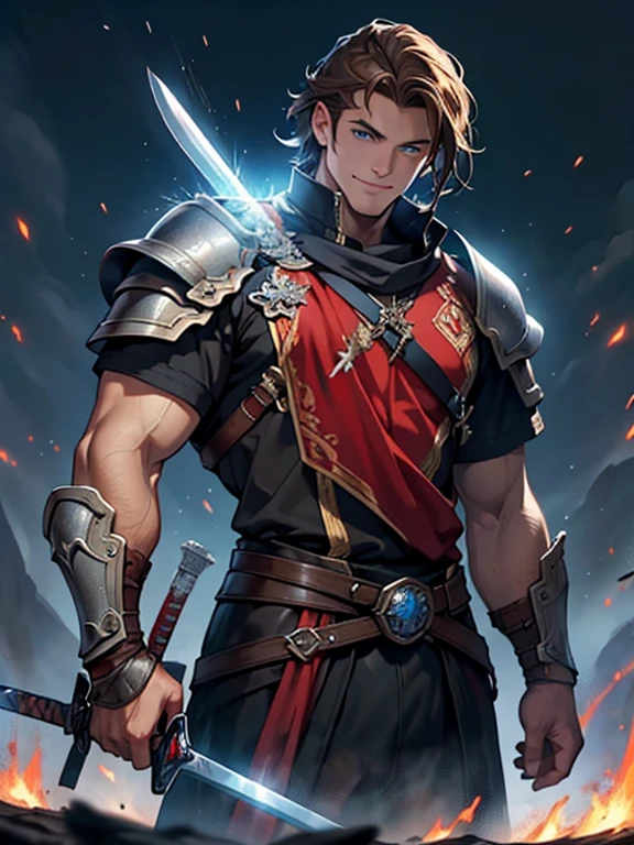 masterpiece,top-quality,realisitic,In flames,The Man Standing at the Center of the Thirteen Swords,Big muscular man,Middle Age,Brown hair,Short legend,Blue eyes,Sharp eyes,Western armor,a sword stuck in the ground,Smiled look,Flying sparks,A sword stuck in the ground