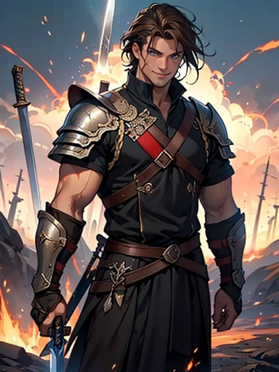 masterpiece,top-quality,realisitic,In flames,The Man Standing at the Center of the Thirteen Swords,Big muscular man,Middle Age,Brown hair,Short legend,Blue eyes,Sharp eyes,Western armor,a sword stuck in the ground,Smiled look,Flying sparks,A sword stuck in the ground