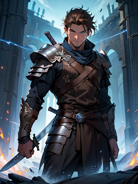 masterpiece,top-quality,realisitic,In flames,The Man Standing at the Center of the Thirteen Swords,Big muscular man,Middle Age,Brown hair,Short legend,Blue eyes,Sharp eyes,Western armor,a sword stuck in the ground,Smiled look,Flying sparks,A sword stuck in the ground