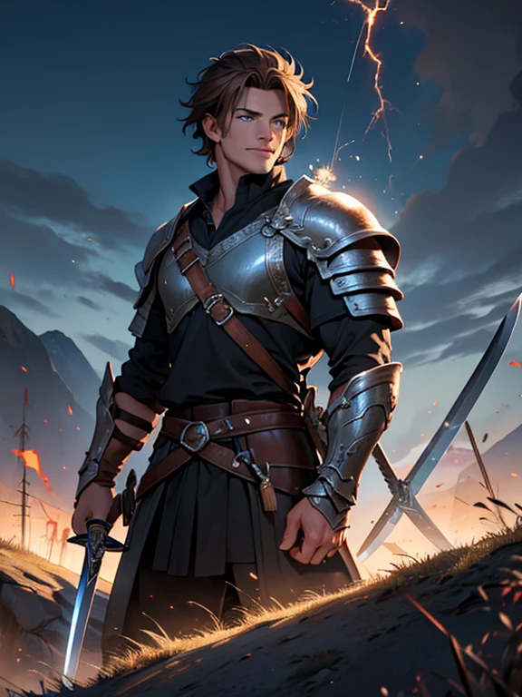 ​masterpiece,top-quality,realisitic,In flames,The Man Standing at the Center of the Thirteen Swords,Big muscular man,Middle Age,Brown hair,Short legend,Blue eyes,Sharp eyes,Western armor,a sword stuck in the ground,Smiled look,Flying sparks,A sword stuck in the ground