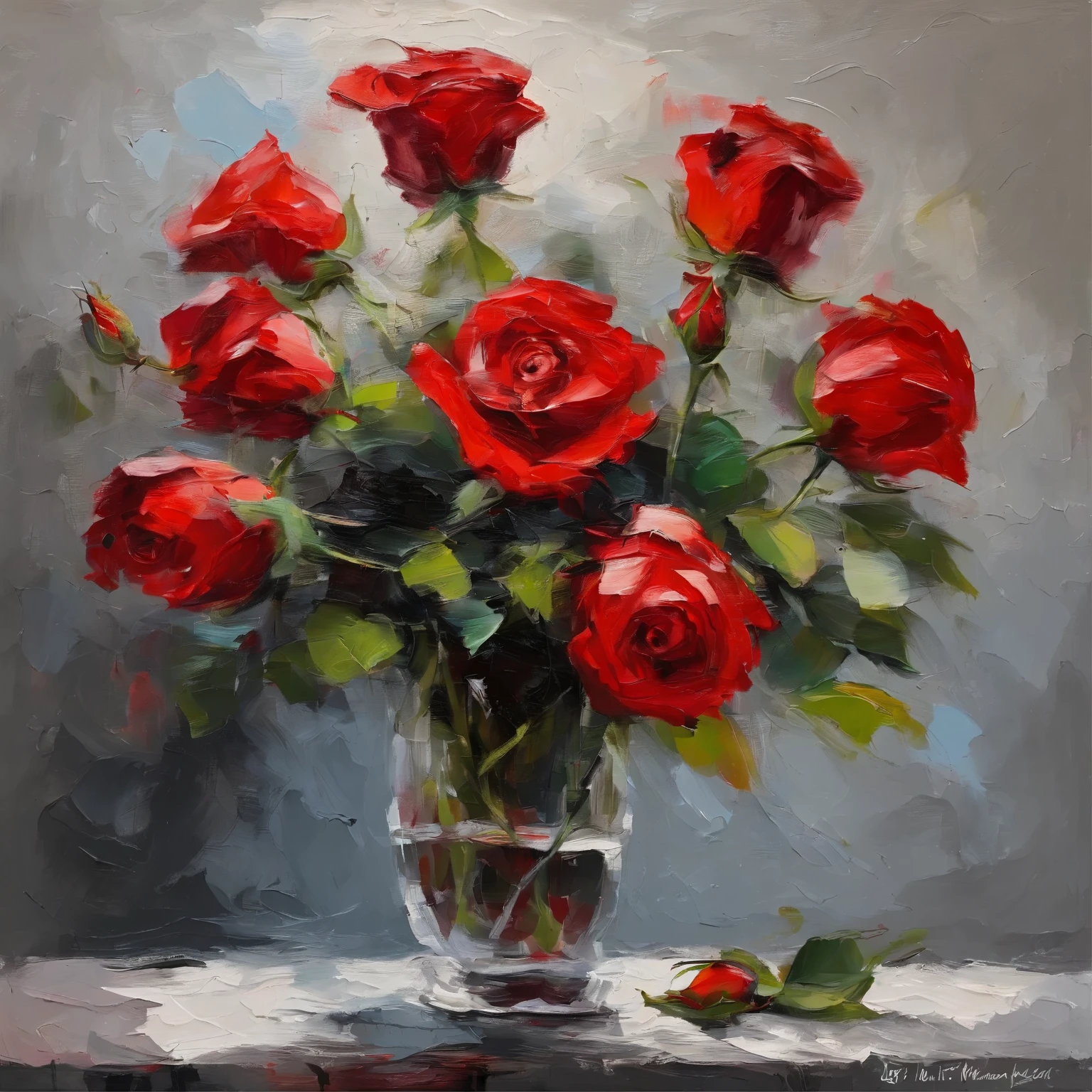 one,red rose, acrylic painting, Bold and expressive brushwork, Impressionist style, Detailed face, Spectacular backdrop, Expert lighting and shadows, Fine art painting, Liu Junyi