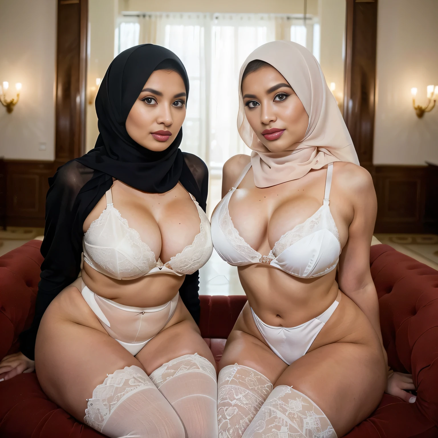 (portrait), (birds eye perspective),(2girls) (2persons:1.2), A photo of two young, (naked) (huge heavy breasts), curvy fit body shape, nerdy (two malay woman in hijabs sitting side by side presenting their body to viewer to fuck in their assholes) in a cafe (wearing white stockings) (spread leg), surrounded by a cozy empty atmosphere, bigger ass, huge thighs, looking at the viewer. skin texture, ultra high res, RAW, instagram LUT, masterpiece, best quality, ultra-detailed, ultra high resolution, RAW, 4k, (looking at viewer), extremely detailed eyes and face, (beautiful detailed nose), (beautiful detailed thigh), (beautiful detailed eyes), perfect body proportion Hijab, (a wedding veil) (slightly abs), (red lips), flirting with the camera, ((NSFW:1.2)), ((uncensored vagina:1.2)), (bare belly;s), (sexually satisfying face),