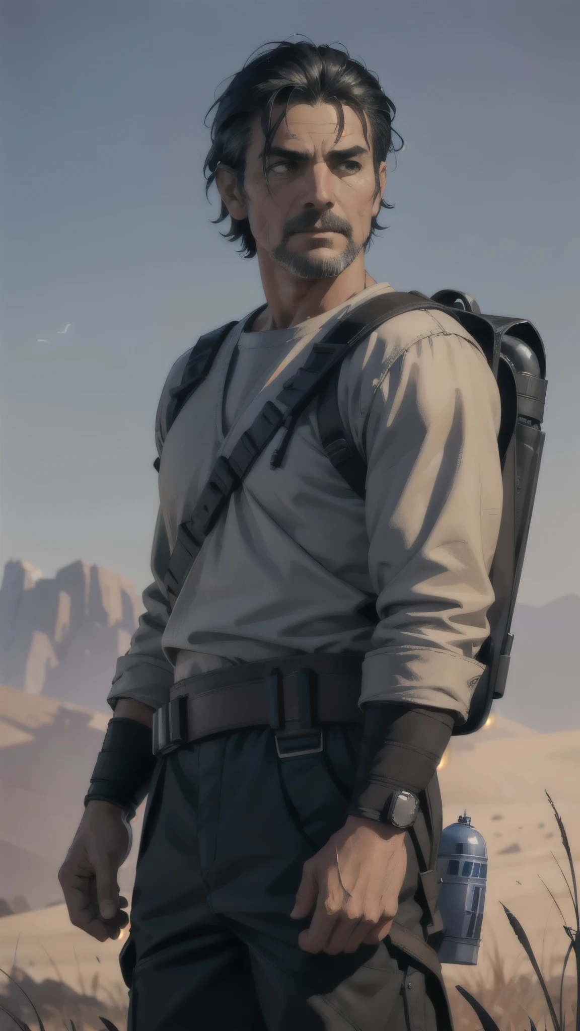 1 star wars farmer, middle aged male, graying black hair, middle aged, muscular, smuggler clothes, rugged star wars backpack, detailed face, short hair, wind blowing hair, graying hair, scar on face, early morning, barren field, depth of field