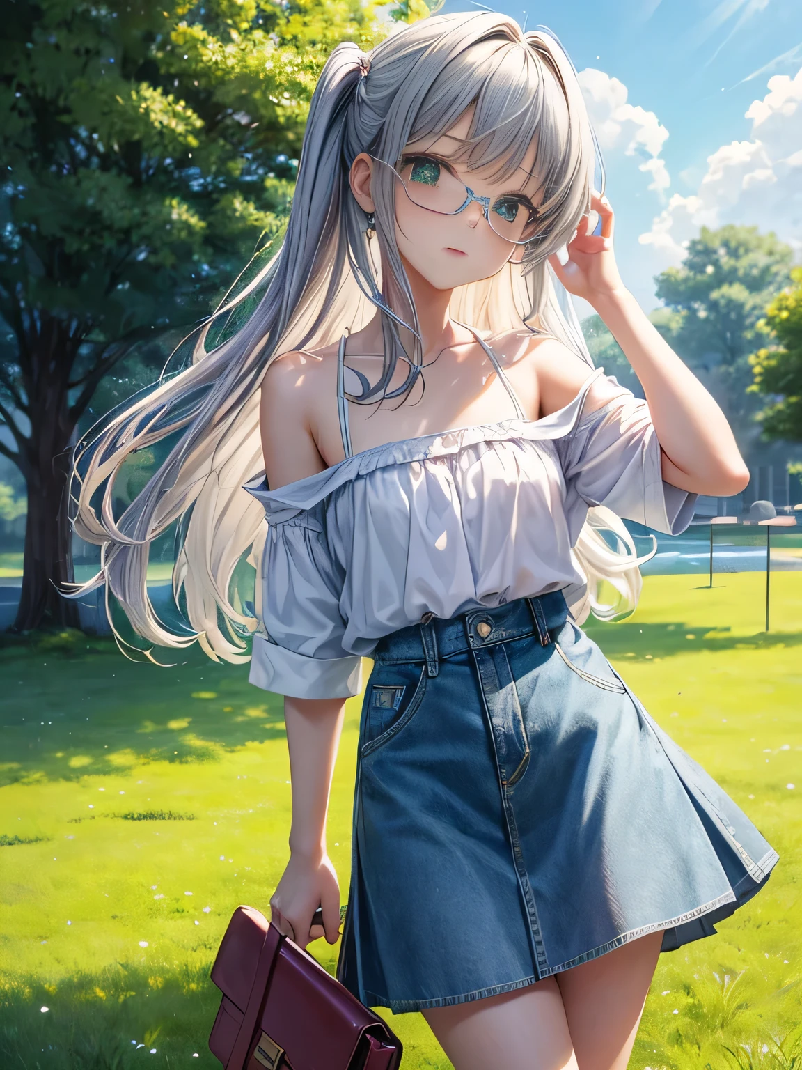 KaoriHojo, girl, (masterpiece: 1.1), (highest quality: 1.1), Top Bikini, (White Bikini: 1.1), (Checked skirt: 1.1), High Waist Skirt, break [Green Grass: pink, :0.5] Thematic, (Urban background: 1.1), Denim Lenses, break Silver, length, Green Eyes, landscape, , low length, , Flat Chest, small