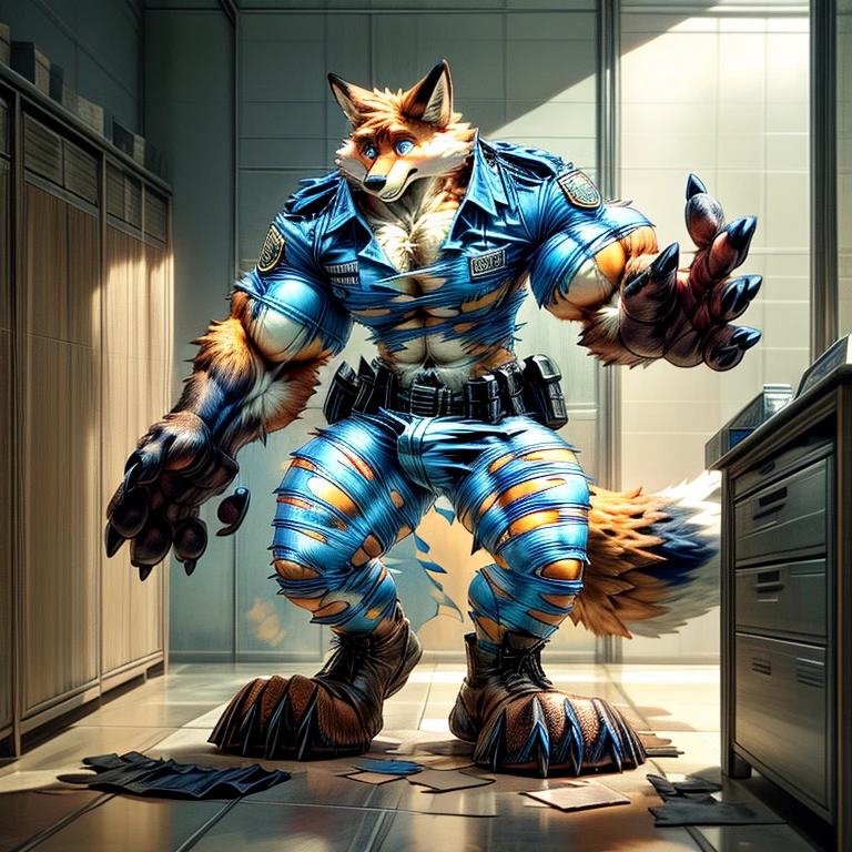 A human police officer (((((partially transformed))))) into an (anthro muscle red fox, blue eyes, brown forearm, whiskers black stripe on puzzle) in a (police station). (((human legs))), ((big paws)), (shocked expression), (ripped clothing), ((gign uniform)), broad shoulders, big biceps, big pecs, big thighs, hyper giant bulge (((big feet))), (detailed fox face), male focus, detailed eyes, high quality, best quality, concept art, photorealistic (((midtransformation))), ((torn boots))