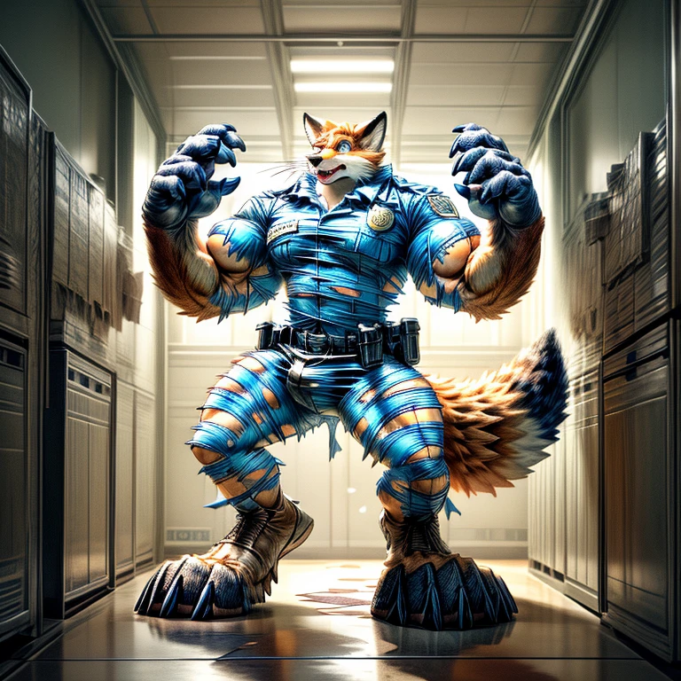 A human police officer (((((partially transformed))))) into an (anthro muscle red fox, blue eyes, brown forearm, whiskers black stripe on puzzle) in a (police station). (((human legs))), ((big paws)), (shocked expression), (ripped clothing), ((gign uniform)), broad shoulders, big biceps, big pecs, big thighs, hyper giant bulge (((big feet))), (detailed fox face), male focus, detailed eyes, high quality, best quality, concept art, photorealistic (((midtransformation))), ((torn boots))