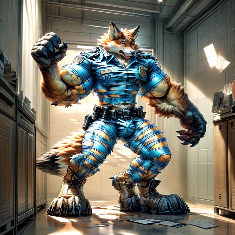 A human police officer (((((partially transformed))))) into an (anthro muscle red fox, blue eyes, brown forearm, whiskers black stripe on puzzle) in a (police station). (((human legs))), ((big paws)), (shocked expression), (ripped clothing), ((gign uniform)), broad shoulders, big biceps, big pecs, big thighs, hyper giant bulge (((big feet))), (detailed fox face), male focus, detailed eyes, high quality, best quality, concept art, photorealistic (((midtransformation))), ((torn boots))