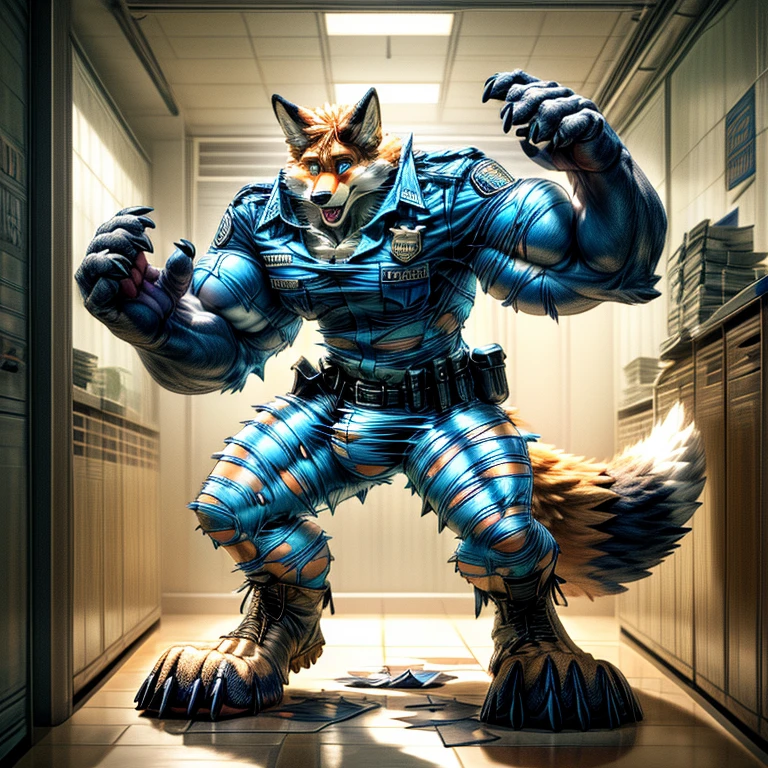 A human police officer (((((partially transformed))))) into an (anthro muscle red fox, blue eyes, brown forearm, whiskers black stripe on puzzle) in a (police station). (((human legs))), ((big paws)), (shocked expression), (ripped clothing), ((gign uniform)), broad shoulders, big biceps, big pecs, big thighs, hyper giant bulge (((big feet))), (detailed fox face), male focus, detailed eyes, high quality, best quality, concept art, photorealistic (((midtransformation))), ((torn boots))