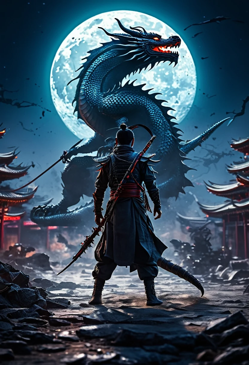 ninja with a dead dragon background, masterpiece: 1.2, ultra detailed, realistic: 1.37, sharp focus, professional, bokeh, illustration, detailed texture, vibrant colors, apocalypse and futuristic atmosphere, Asian art style, shadow play, light moon