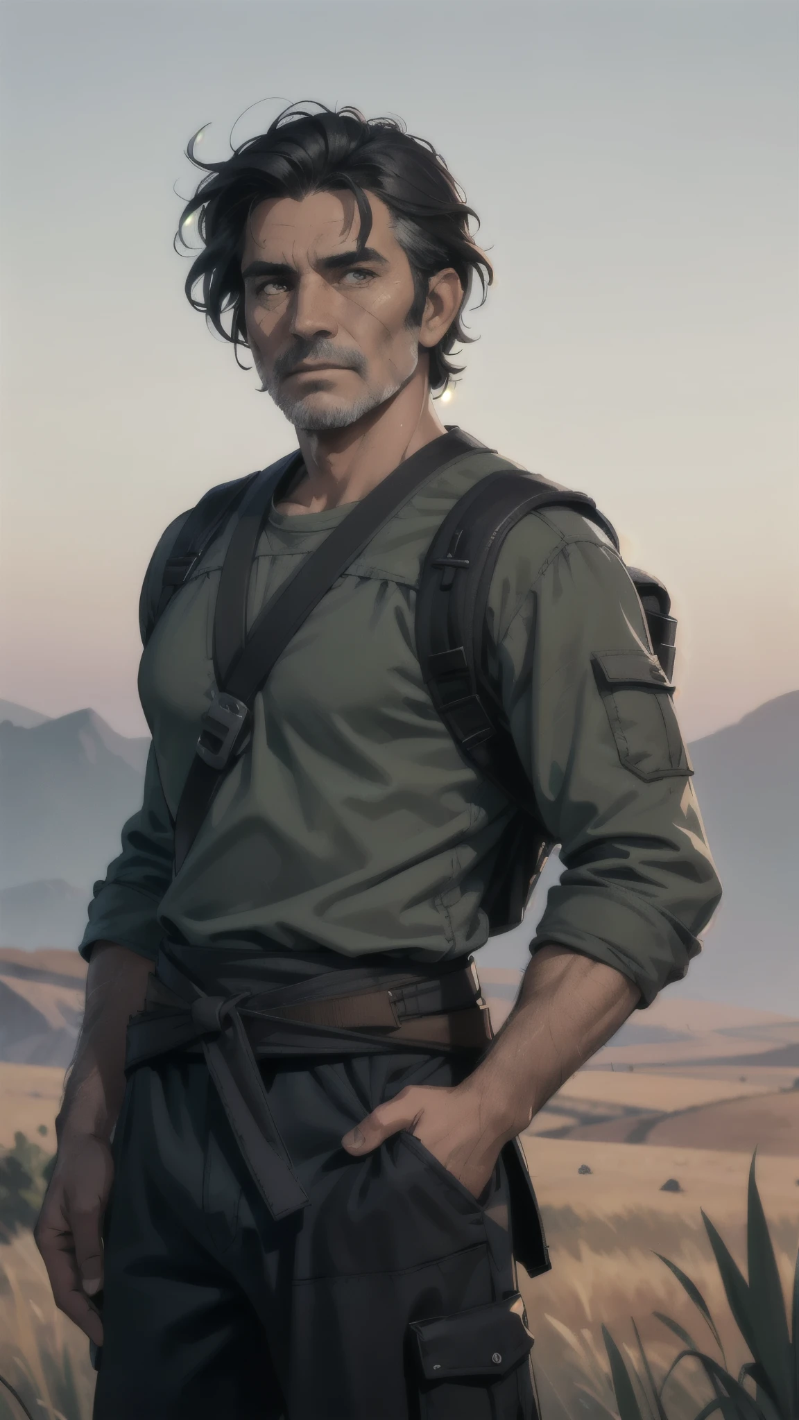 1 star wars farmer, middle aged male, graying black hair, middle aged, muscular, smuggler clothes, rugged star wars backpack, detailed face, short hair, wind blowing hair, graying hair, scar on face, hands on hips, early morning, barren field, depth of field