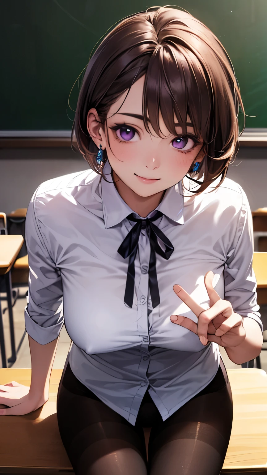 (masterpiece:1.2, highest quality), (Realistic, photoRealistic:1.4), Beautiful illustrations, (Natural Side Lighting, Cinema Lighting), 
View your viewers, (breast focus), (From above:1.1), close, 1 female, Japanese, 22 years old, High School Teacher, Perfect Face, Cute and symmetrical face, Shiny skin, Baby Face, 
(short hair, Straight hair, Dark brown hair), Hair between the eyes, Deep purple eyes, (Earrings, 
Beautiful Hair, Beautiful Face, Beautiful fine details, Beautiful clavicle, Beautiful body, Beautiful breasts, Beautiful thighs, Beautiful feet, Beautiful fingers, 
(((White collared shirt), Black Pantyhose, purple neck ribbon), 
(Beautiful views), evening, classroom, blackboard, sitting school chair, Are standing, (Cute smile, Upward glance), 