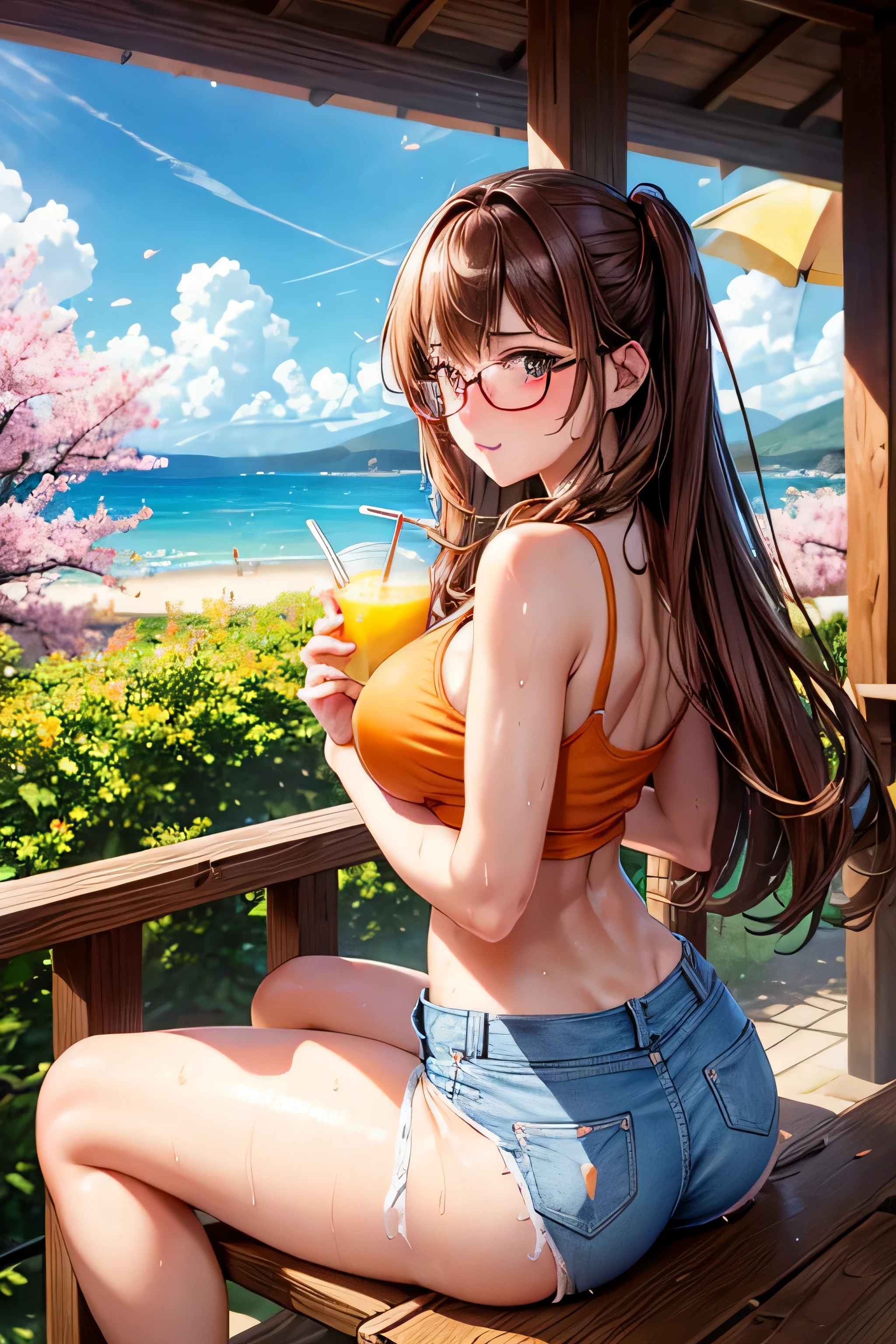 High resolution, high quality, One girl, Anime Girls,Brown long hair, Brown eyes, Pink Glasses,heart shaped pupils,Sunburned skin, Large Breasts,beautiful breasts,pointy breasts,(Big Ass),beautiful ass,Embarrassed,Tank Top,denim shorts,Back Pose,lower body,sweat,wet,sitting,open legs,cherryblossom,at cafe,(lemon juice),(orange juice),(Pineapple juice),(Mango juice),(water),