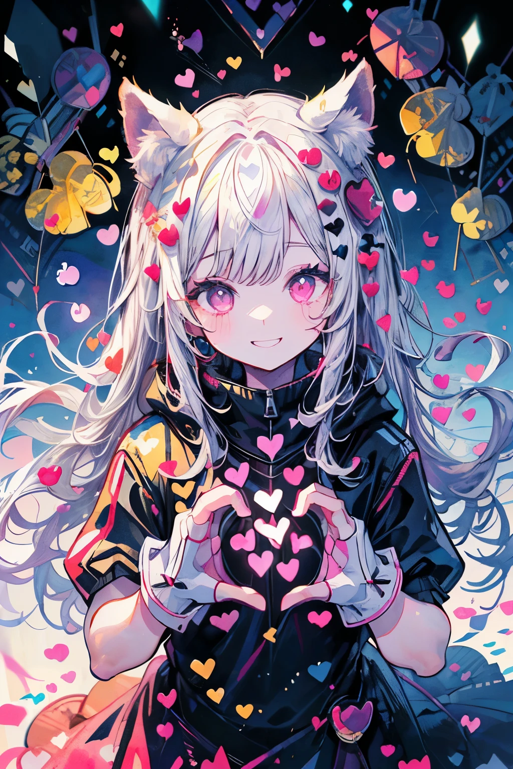 ((((masterpiece, highest quality, Very detailed, very_expensive_solve, big_file size, Full Color)))), One Girl, ((The best smile)), （A smile that makes you want to close your eyes）, Long white hair, Pink Eyes, Wearing a fluffy white hoodie, Heart-shaped pupils, (((From above))), (((Look at this))), Lens flare, Bokeh, Shine, ((watercolor)), Animal ears, (((Heart-shaped hands in both hands:1.5))), Line art,