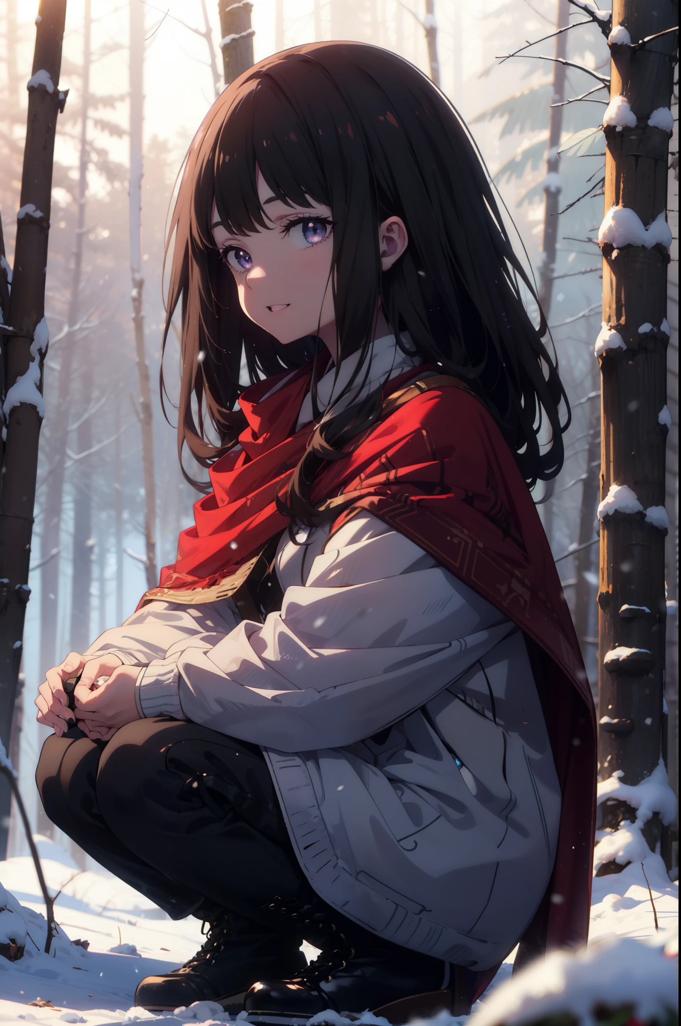 Takiuchi, Inoue Check, Long Hair, bangs, Black Hair, (Purple eyes:1.2),smile,
Open your mouth,snow, fire, Outdoor, boots, snowing, From the side, wood, suitcase, Cape, Blurred, forest, nature, Squat, Cape, winter, Written boundary depth, Black shoes, red Cape break looking at viewer, Upper Body, whole body, break Outdoor, forest, nature, break (masterpiece:1.2), highest quality, High resolution, unity 8k wallpaper, (shape:0.8), (Beautiful and beautiful eyes:1.6), Highly detailed face, Perfect lighting, Extremely detailed CG, (Perfect hands, Perfect Anatomy),