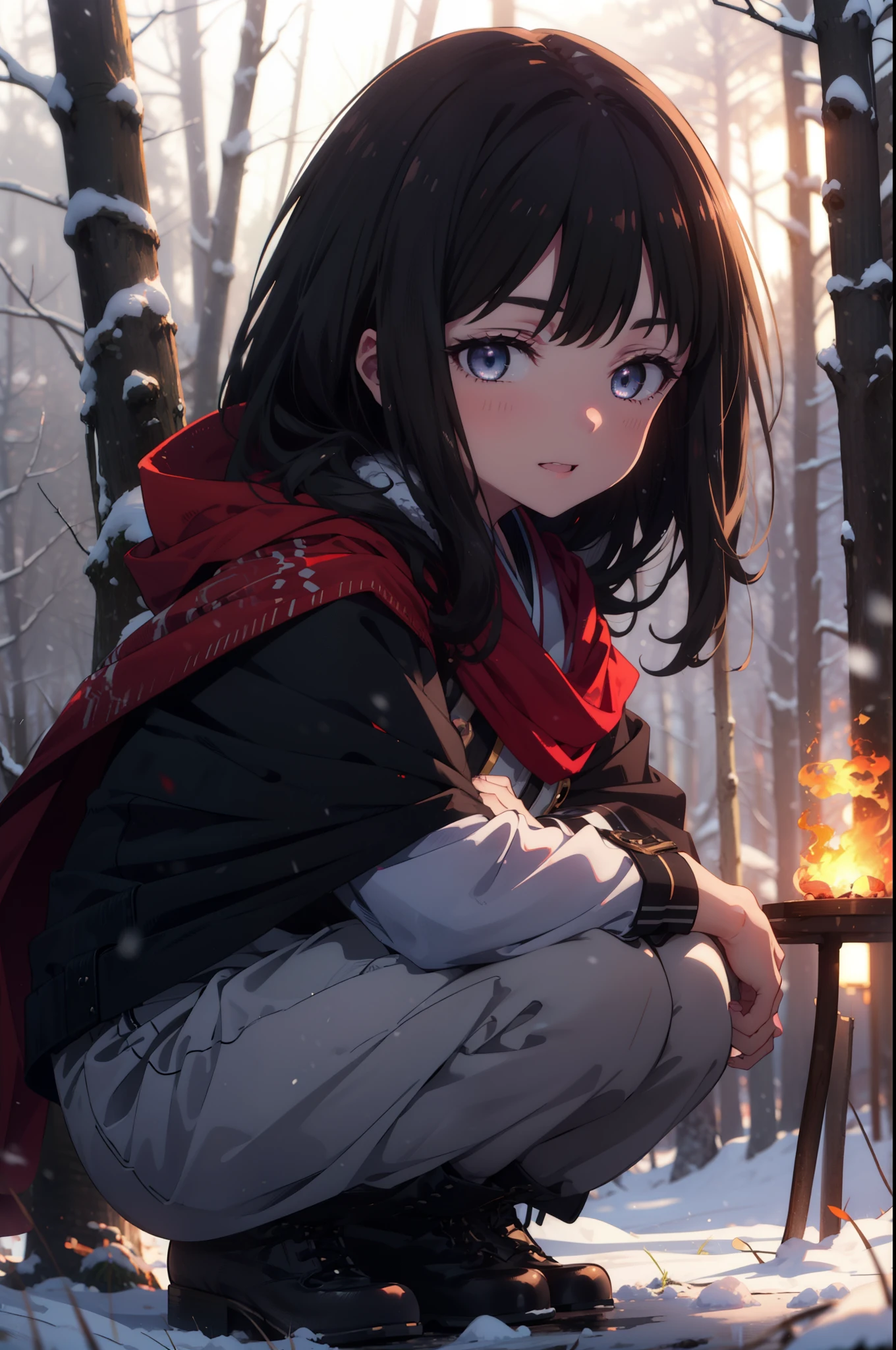 Takiuchi, Inoue Check, Long Hair, bangs, Black Hair, (Purple eyes:1.2),smile,
Open your mouth,snow, fire, Outdoor, boots, snowing, From the side, wood, suitcase, Cape, Blurred, forest, nature, Squat, Cape, winter, Written boundary depth, Black shoes, red Cape break looking at viewer, Upper Body, whole body, break Outdoor, forest, nature, break (masterpiece:1.2), highest quality, High resolution, unity 8k wallpaper, (shape:0.8), (Beautiful and beautiful eyes:1.6), Highly detailed face, Perfect lighting, Extremely detailed CG, (Perfect hands, Perfect Anatomy),
