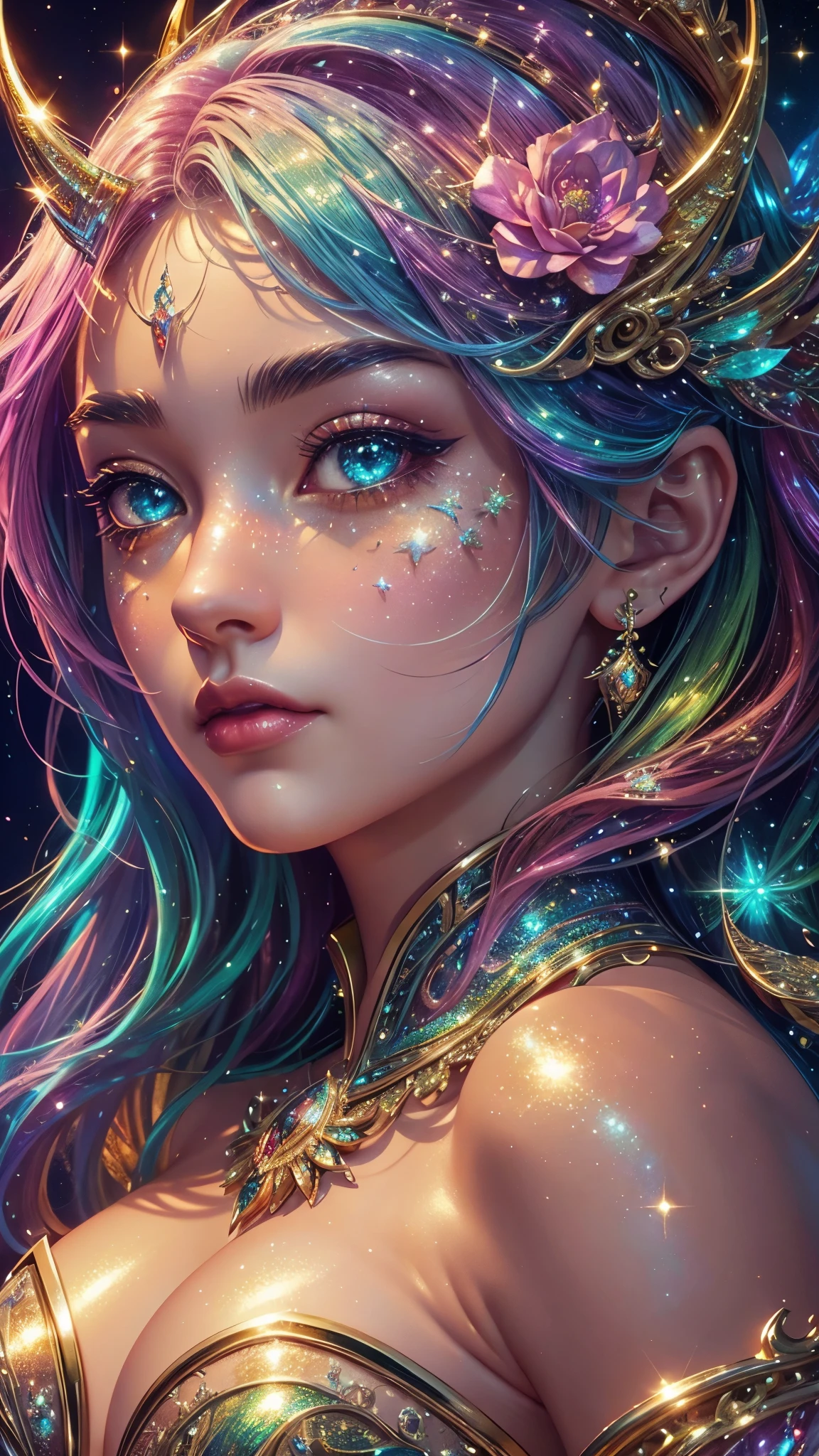 This is a highly detailed and semi-realistic fantasy art image with beautiful layers of shimmer, glimmering silks, and a glittering aesthetic. Create a beautiful and bold dragon woman. She should have intricate and elegant horns, detailed and multi-colored scales, and a striking face. Her eyes are highly detailed with realistic shading and realistic details. Include soft pastels with unexpected pops of bright color. Use compelling composition techniques and fantasy lighting to create a cinematic and unforgettable atmosphere. (((masterpiece))), (((best quality))), ((ultra-detailed)), (highly detailed CG illustration)