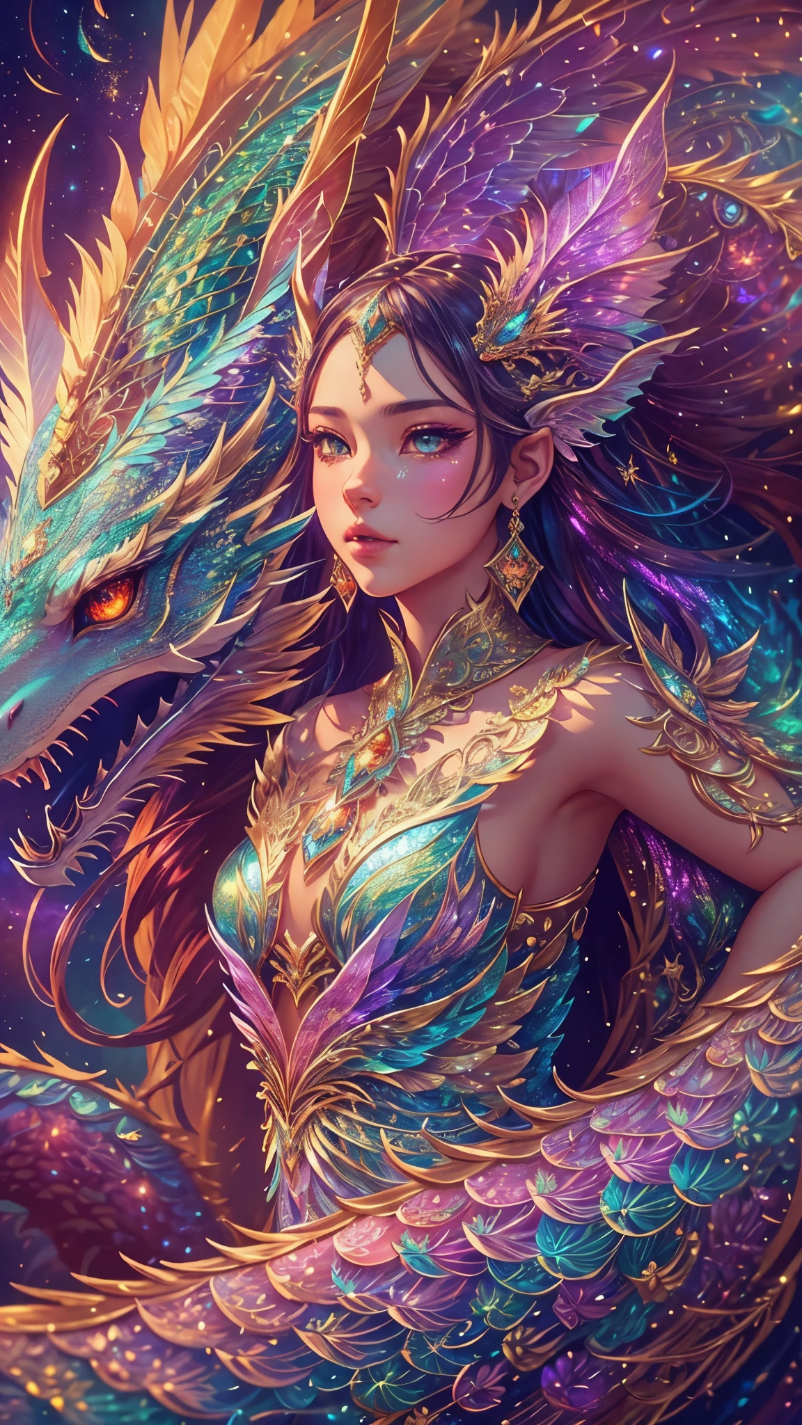 This is a highly detailed and semi-realistic fantasy art image with beautiful layers of shimmer, glimmering silks, and a glittering aesthetic. Create a beautiful and bold dragon woman. She should have intricate and elegant horns, detailed and multi-colored scales, and a striking face. Her eyes are highly detailed with natural shading and realistic details. Include small and ornate details like smaller dragons and bright feathers. Use soft pastel hues with unexpected pops of bright color. Use compelling composition techniques and fantasy lighting to create a cinematic and unforgettable atmosphere. (((masterpiece))), (((best quality))), ((ultra-detailed)), (highly detailed CG illustration)
