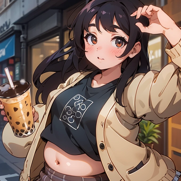 Chubby girl, pudgy belly, holding boba tea, wearing a beige cardigan over a black crop top, brown plaid skirt, chubby muffin top, street background, looking at viewer