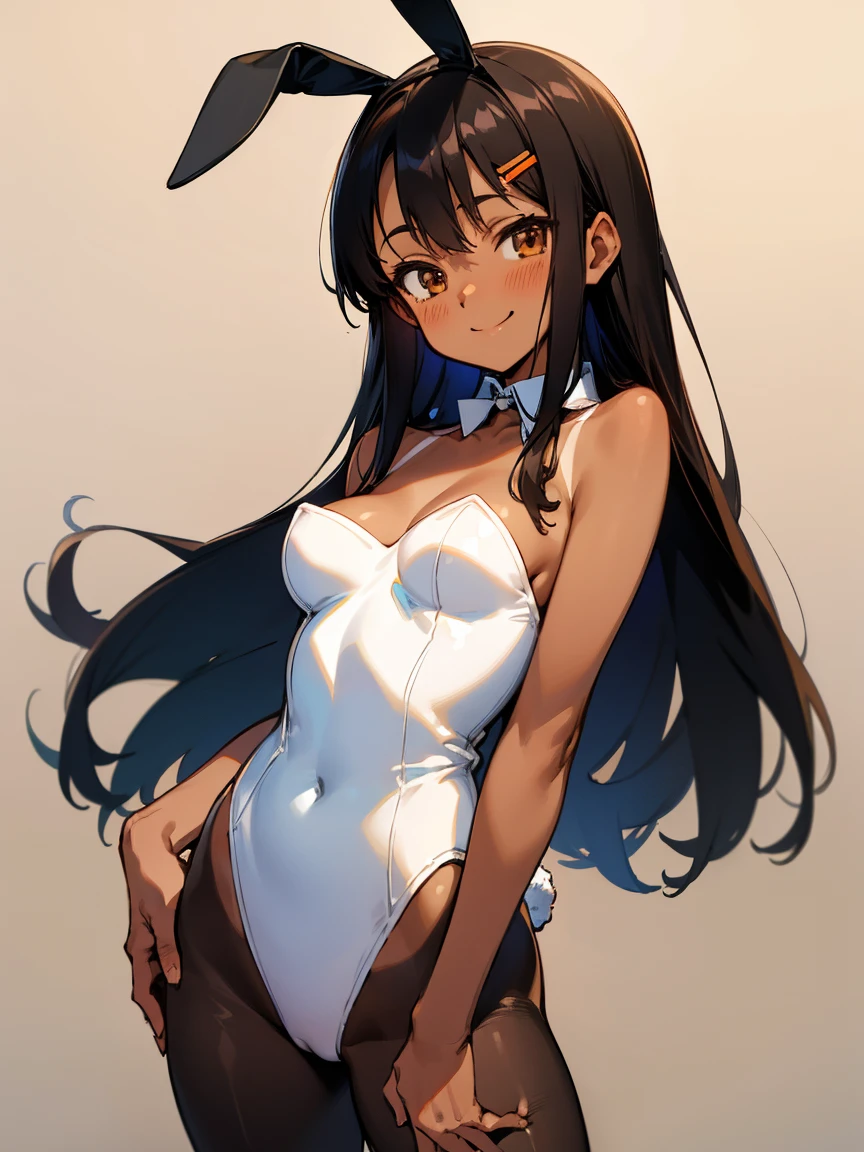 nagatoro_hayase, brown eyes, black hair, long hair, dark skin, dark-skinned female, tan, tanlines, hairclip, pantyhose, playboy bunny, bare shoulders, smile, cowboy shot, highly detailed, HD, 4K, Masterpiece, highres