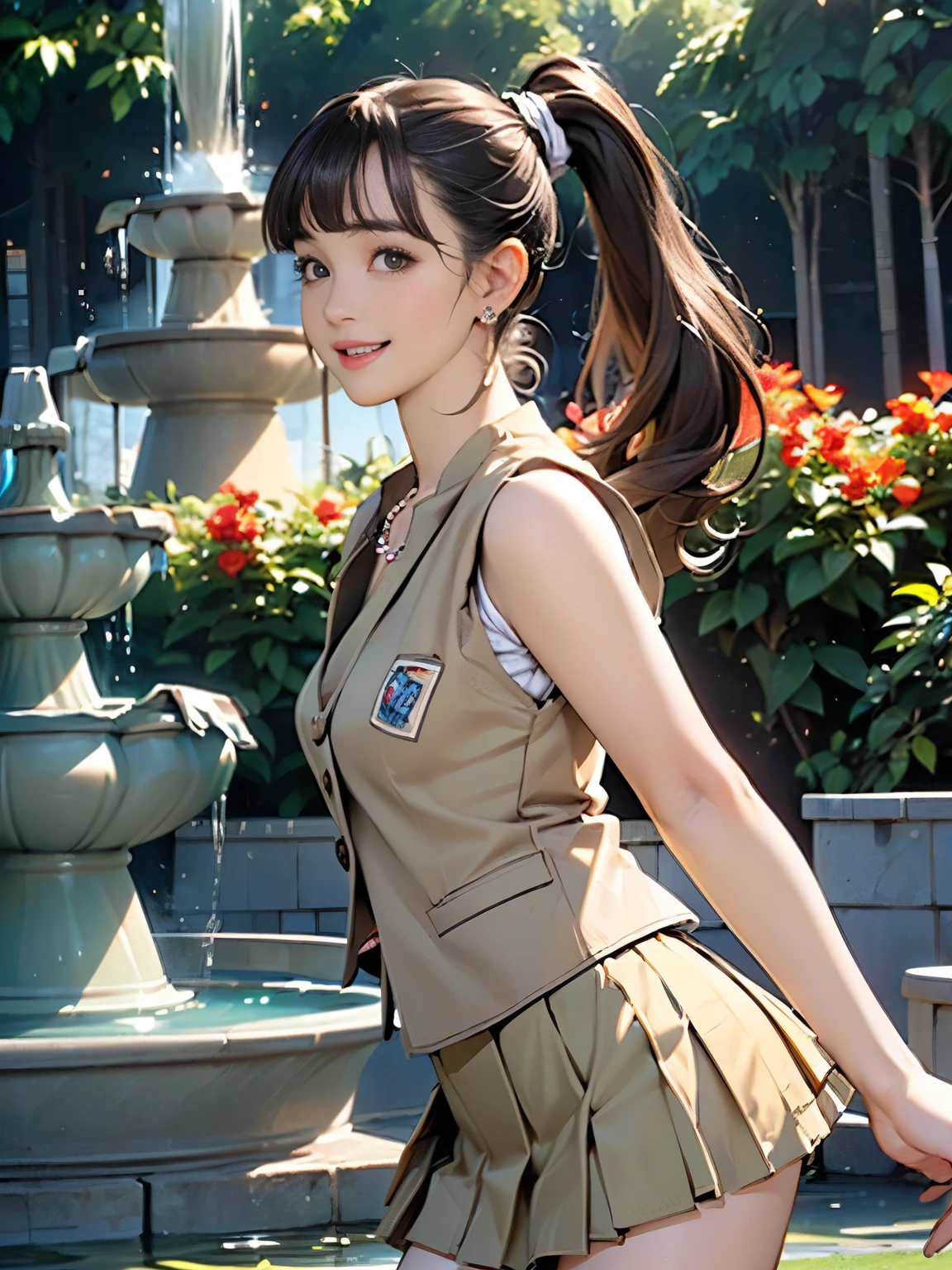 ((((highest quality))))、(((Ultra-precision CG16K wallpaper)))、(((masterpiece)))、(((Super detailed)))、(((Extreme detail)))、((1Mature 29 year old woman:1.6))、((Very beautiful Japanese faces))、((Yua Mikami:1.5))、((Soft Wave Ponytail Long Hair、blunt bangs:1.5))、(Shiny brown hair)、Beautiful delicate brown eyes、eyeliner、eye shadow、High nose、Small nostrils、Small Mouth、Seductive lips、Beautiful breasts、((C cup size breasts))、Cleavage、Voluptuous body、eight-headed body、Perfect proportions、Perfect Anatomy、Perfect composition、Beautiful detailed shading、Beautiful, natural lighting、Beautiful detail glow、Depth of written boundary、(((High chroma)))、(((Real:1.9)))、((vivid:1.5))、((Beautiful Skin))、((Skin Texture))、((Realな皮膚感))、(((Cowboy Shot:1.6)))、((Front view、Front low angle:1.6))、((smile:1.5))、(The woman is facing forward and looking at the camera:1.5)、Bright daylight、Natural light、(((garden、Fountain Square:1.5)))、(Standing pose:1.5)、(((White vest clothing、Khaki pleated mini skirt:1.6)))、((Earrings、Wearing a necklace:1.3))、