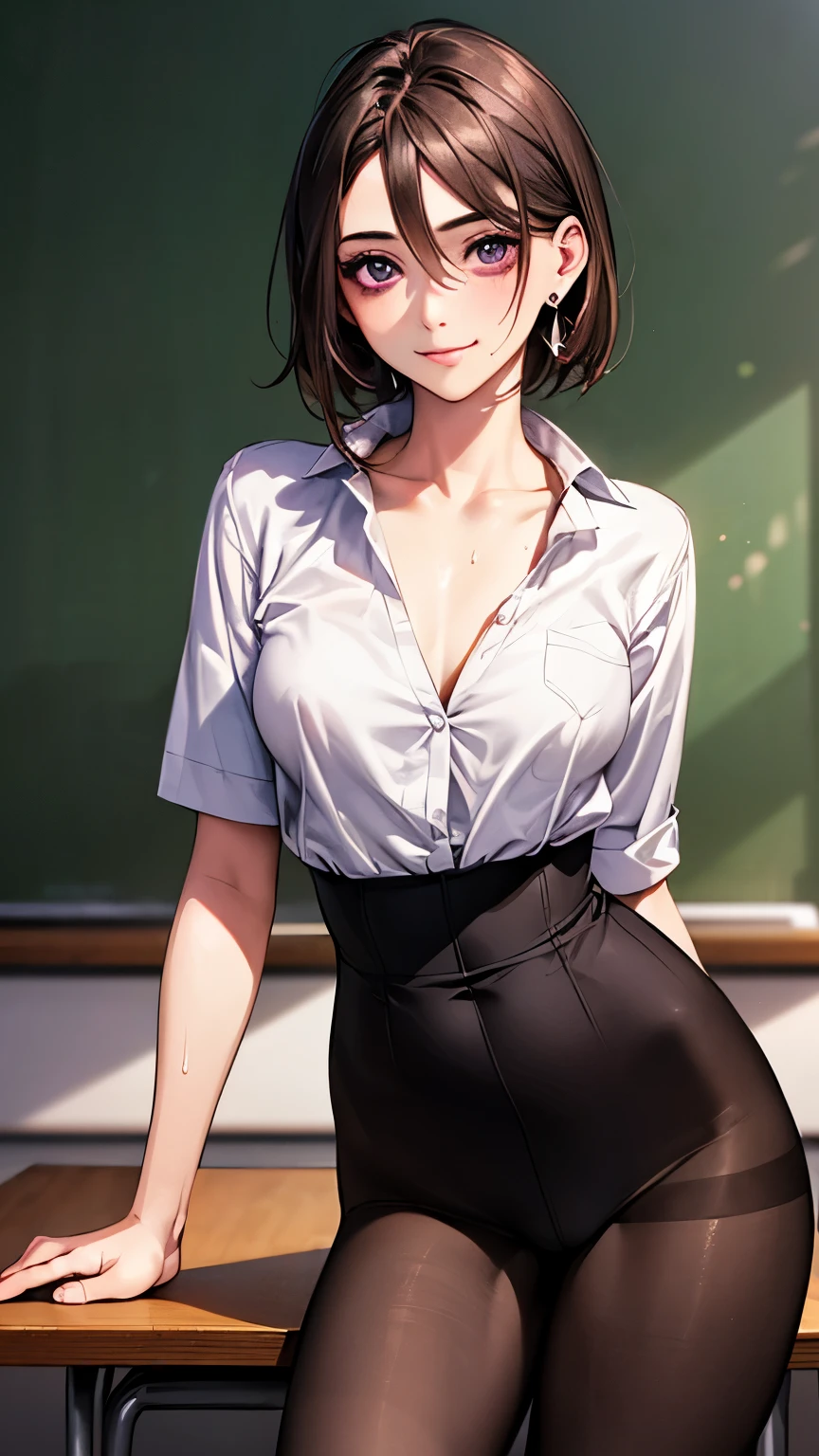 (masterpiece:1.2, highest quality), (Realistic, photoRealistic:1.4), Beautiful illustrations, (Natural Side Lighting, Cinema Lighting),
View your viewers, (breast focus), close, 1 female, Japanese, 22 years old, High School Teacher, Perfect Face, Cute and symmetrical face, Shiny skin, ,
(short hair, Straight hair, Dark brown hair), Hair between the eyes, Deep purple eyes, (Earrings,
Beautiful Hair, Beautiful Face, Beautiful fine details, Beautiful clavicle, Beautiful body, Beautiful breasts, Beautiful thighs, Beautiful feet, Beautiful fingers,
(Shirt with open chest), Black Pantyhose, purple neck ribbon), Underwear is visible through the shirt
(Beautiful views), evening, classroom, blackboard, sitting school chair, Are standing, (Cute smile, Upward glance), sweat ,
