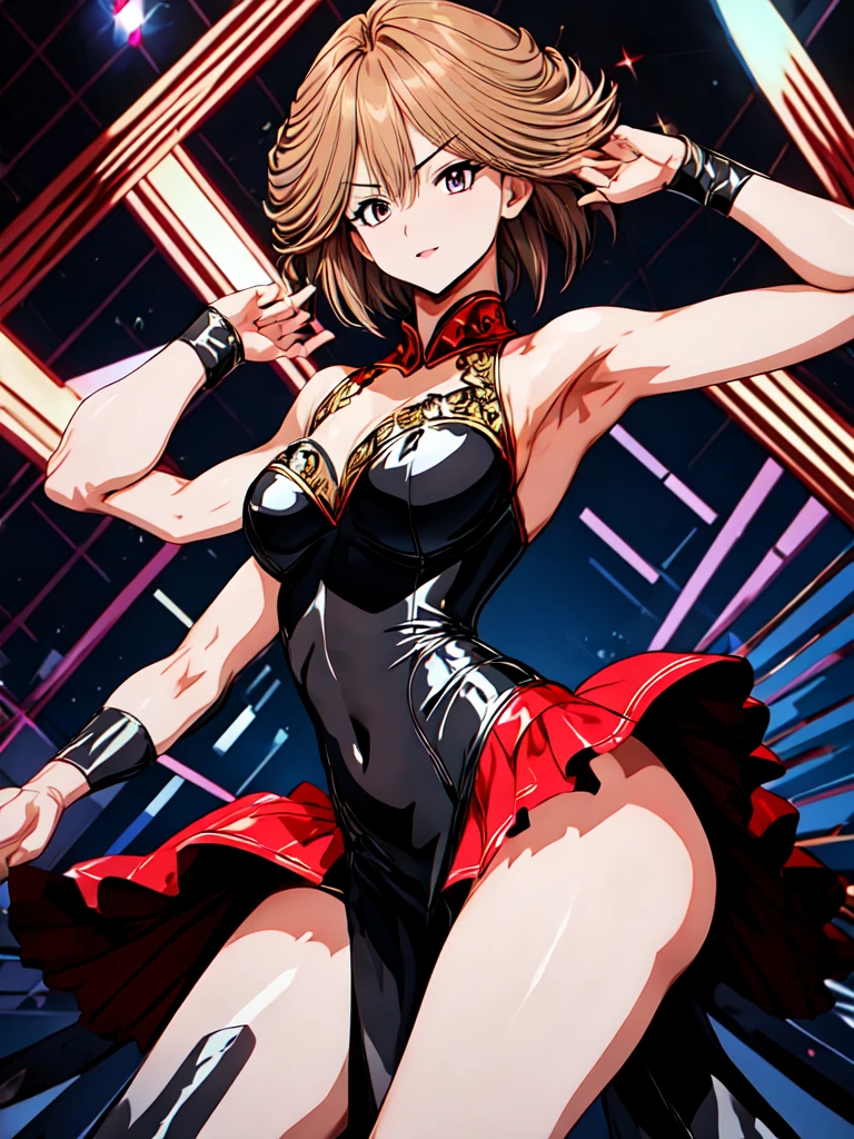 An image of a fierce idol in a dazzling, form-fitting outfit, with a sultry expression and stylish short hair, commanding the stage with confidence.