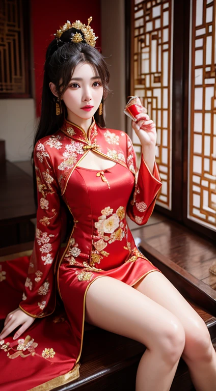 beautiful girl,sexy,Wearing a red cheongsam with a golden flower pattern on it.,Sitting in an ancient Chinese style house
