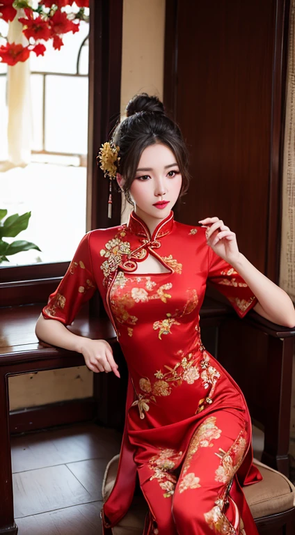 Highly detailed CG Unity 8K wallpapers, Highest quality, Tabletop, Realistic, Like the picture, Highly detailed beautiful woman, 22 years old,((Semi-long hair))、(((Large Breasts)))、sexy,glamorous,Big round eyes, Realistic female hands、Audience, smile, ((Tall beautiful woman))、Lips parted, Full body shot , A long Chinese dress worn on bare skin,No underwear,Fit the body,Understand the lines of your body,(You can see the shape of the nipple from the top of the clothes),Gorgeous gold embroidery on a red background(Ultra-thin fabric),Obscene costumeuchimuchi、