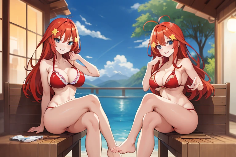 2d, masterpiece, best quality, anime, highly detailed, 5 girl, photo of 5 girl, quintuplets, nakano itsuki, red hair, long hair, star hair ornament, ahoge, large breasts, sauna, red bikini, outdoors, smile, full body, sexy body, perfect body, sitting crossed legs, playing dominoes