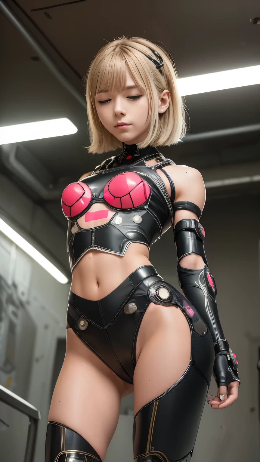 high quality, ​realistic masterpiece, girl kneeling on bed with legs tied and wrists bound, Beautiful ***** skinny girl with cute face showing legs, innocent and playful, Wearing neon futuristic robotic tactical shear armor cyberpunk suit with cutouts, abs, Famous actresses of Japan, beautiful face, bdsm, tied up, cyberpunk, tattoo, arms behind back, restrained, shibari, rope bondage, eyes closed in pleasure 