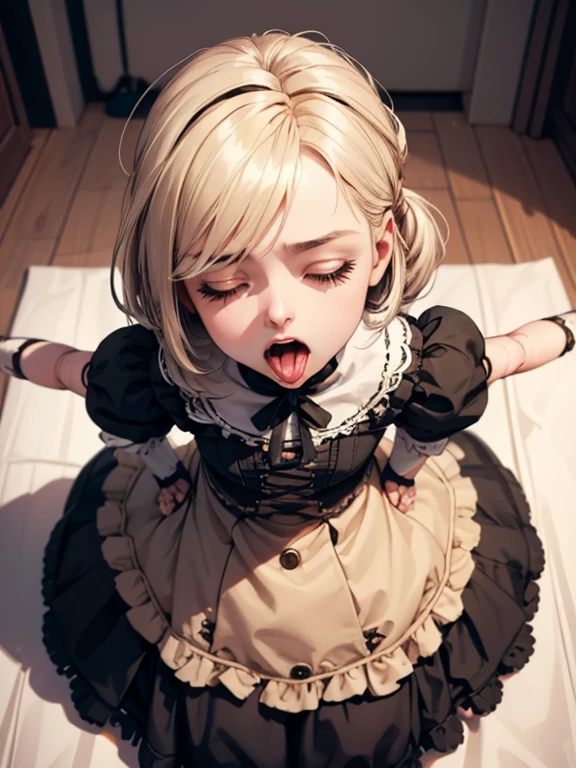 1girl,mini girl,figure,doll, doll joints,doll girl, doll joints,(Face focus,open mouth,long tongue,closed eyes,face, looking up, looking at viewer,from above),
