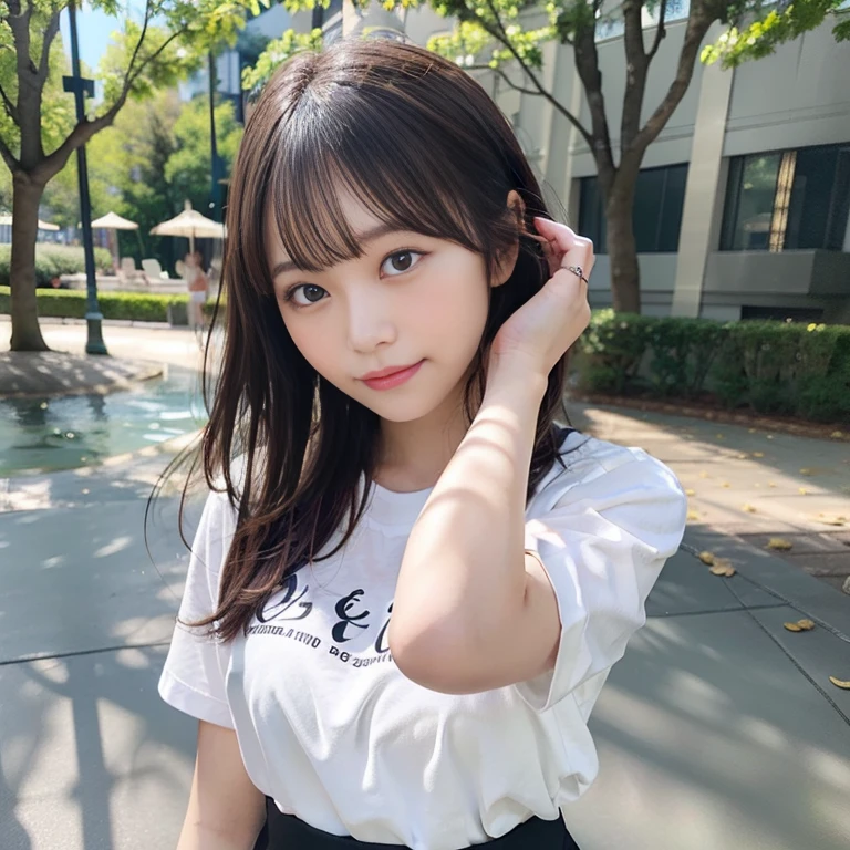 8k,highest quality:1.4,Attention to detail、 超A high resolution:1.5, (Realistic:1.4),masterpiece:1.2,(highest quality:1.4)、 RAW Photos、(The background is blurred), Lakeside Park,Full body photo:1.8、Standing pose:1.2、 1 Japanese girl, cute, (alone), (A shy smile), Smooth skin、Ｔshirt、Check mini skirt:1.3、 (Brown medium hair,bangs), (Touching your hair:1.4)、Nogizaka、cute、(30 years old:1.2)、Beautiful feet、Flexible fingertips、Realistic fingers、Beautiful dark eyes、Natural skin texture:1.3, Realistic eye and facial details:1.7、Mid-breasted、Staring at the audience,Sculpture Pose