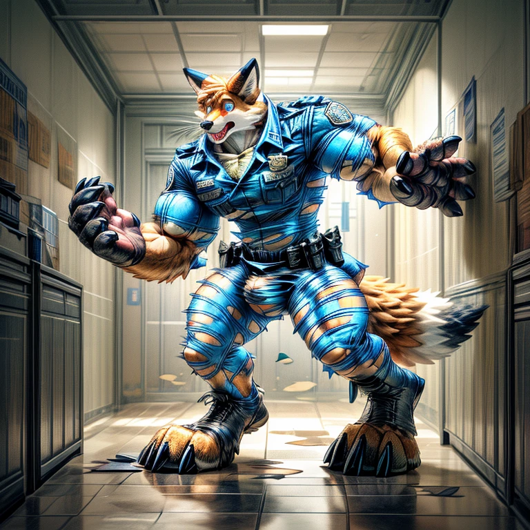 A human police officer (((((partially transformed))))) into an (anthro muscle red fox, blue eyes, brown forearm, whiskers black line on muzzle) in a (police station). (((human legs))), ((big paws)), (shocked expression), (ripped clothing), ((gign uniform)), broad shoulders, big biceps, big pecs, big thighs, hyper giant bulge (((big feet))), (detailed fox face), male focus, detailed eyes, high quality, best quality, concept art, photorealistic (((midtransformation))), ((torn boots))