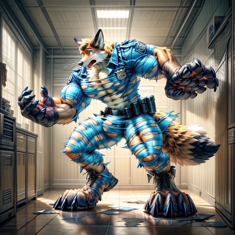 A human police officer (((((partially transformed))))) into an (anthro muscle red fox, blue eyes, brown forearm, whiskers black line on muzzle) in a (police station). (((human legs))), ((big paws)), (shocked expression), (ripped clothing), ((gign uniform)), broad shoulders, big biceps, big pecs, big thighs, hyper giant bulge (((big feet))), (detailed fox face), male focus, detailed eyes, high quality, best quality, concept art, photorealistic (((midtransformation))), ((torn boots))