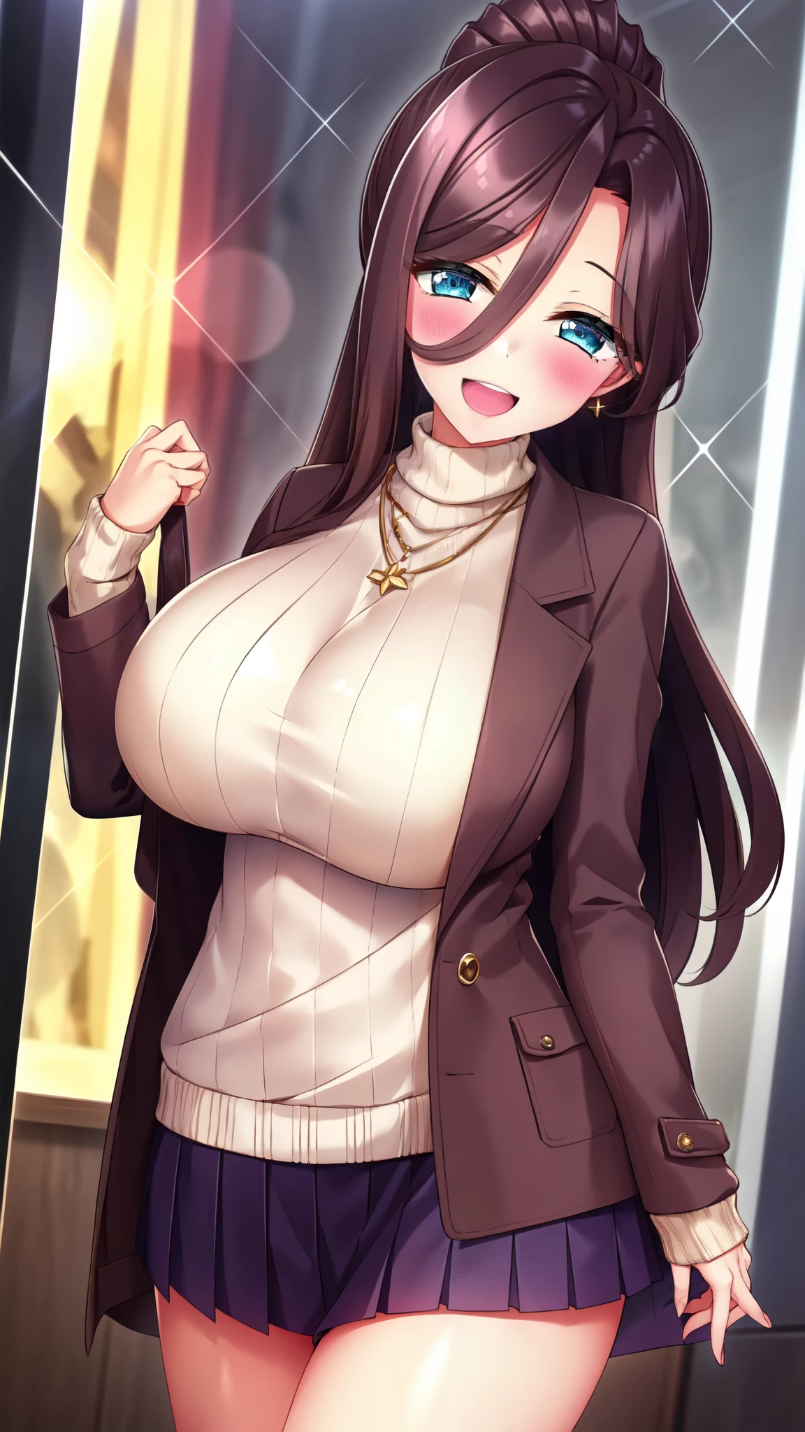 1girl, breasts, jewelry, solo, brown hair, blue eyes, skirt, large breasts, smile, looking at viewer, sweater, turtleneck, open mouth, earrings, necklace, purple skirt, long hair, turtleneck sweater, cardigan, white sweater, ponytail, open clothes, blush, brown coat, open coat, long sleeves, :d, pleated skirt, ribbed sweater, jacket, upper teeth only, teeth, side lock
