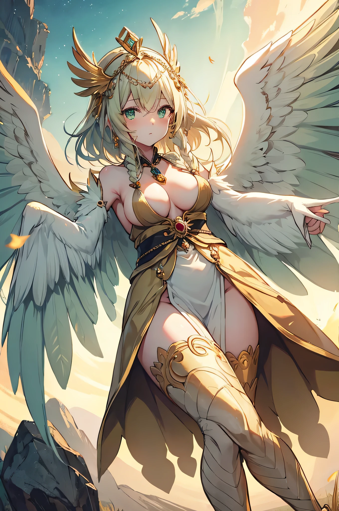 4k,High resolution,One Woman,Harpy,Cream colored hair,long hair,Braid,Green Eyes,Big Breasts,White Wings,Golden toenails,goddess,White goddess dress,Winged headgear,Jewelry decoration,Temple in the Sky,Aurora Background