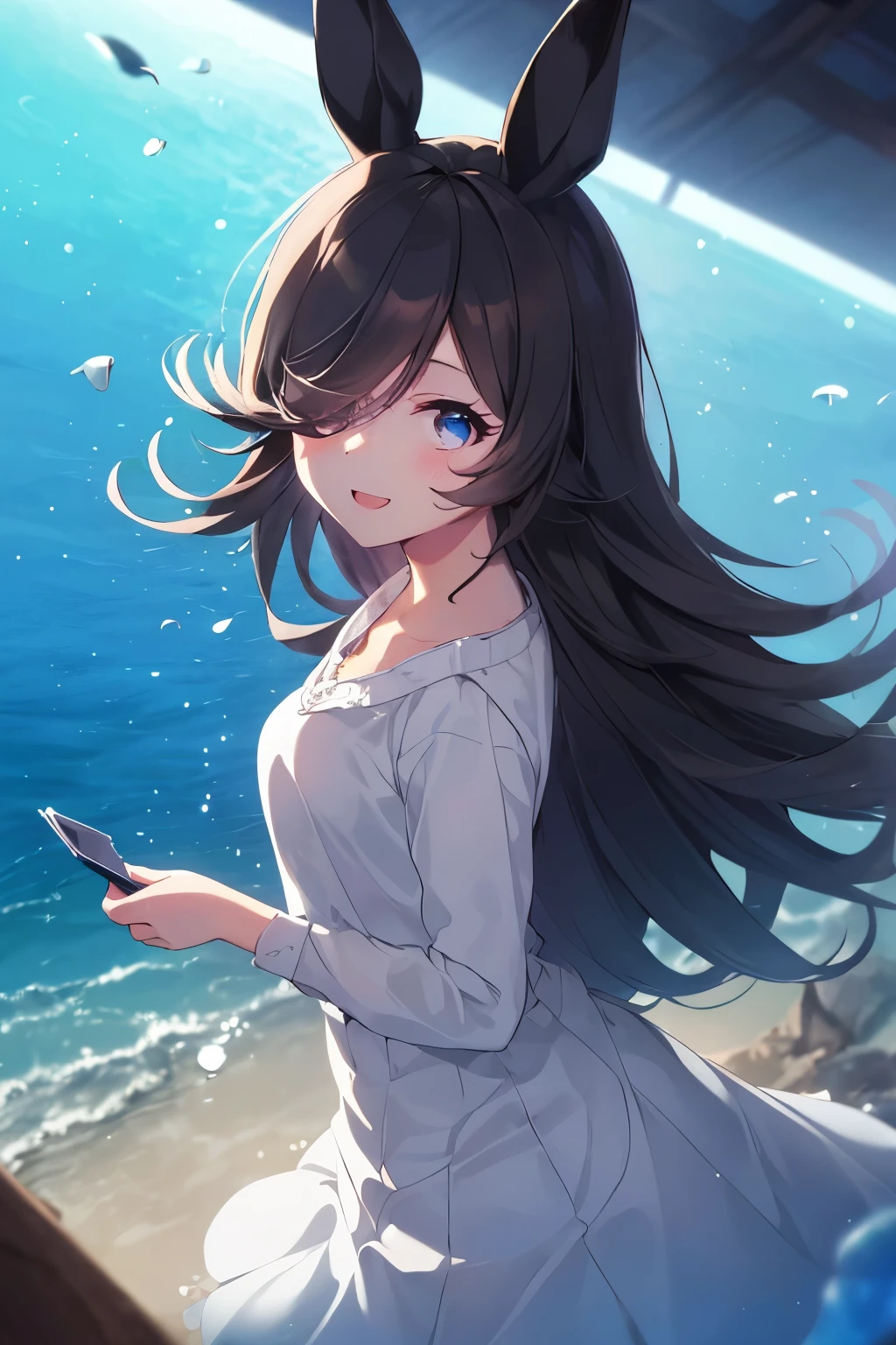 (Tabletop.highest quality).(Dynamic Angle). (CG paintings with attention to detail),(Perfect image)、Comic Strip.shape.1 girl.Detailed face、Perfect Face.Delicate face、Cute and delicate girl in a white shirt、Rough skin、Black Hair.length、(Umamimi Girl)Umamimi Girl、((Beautiful Blue Eyes)).繊細でBeautiful Eyes、Beautiful Eyes、Reflected Eyes、smile.(Looking at the audience:1.3).(Face is a little red:0.8)、8k wallpaper、Cowboy Shot、reflected light、Most detailed、Complex、((With a delicate sea as a background、Night Sky、season summer))、Rough skin、Fine skin、(Super Resolution)、((Cute girl in white shirt))、((Beautiful sea))
