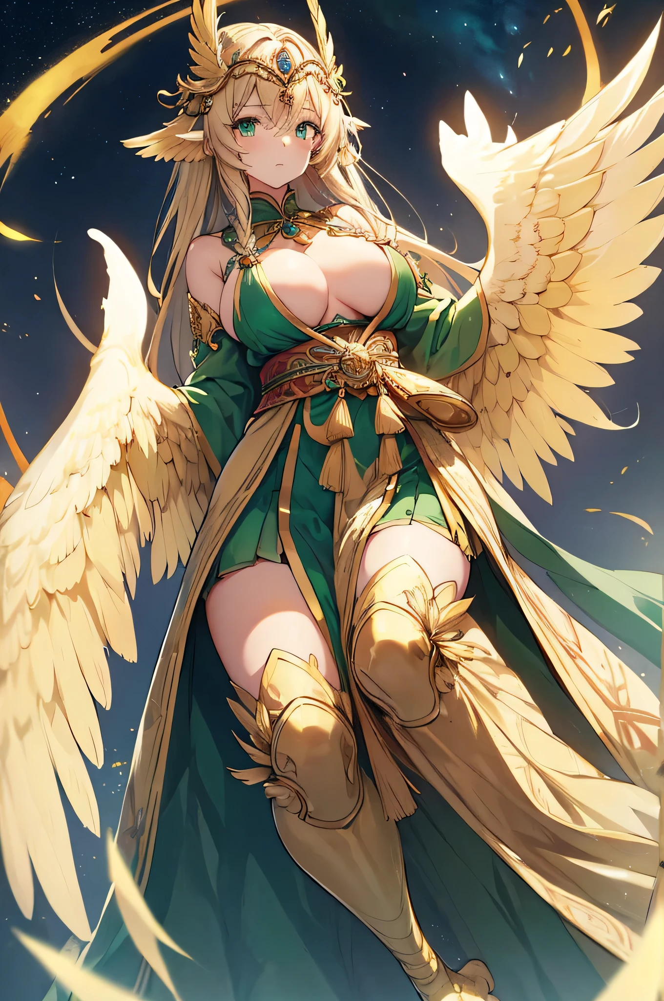 4k,High resolution,One Woman,Harpy,Cream colored hair,long hair,Braid,Green Eyes,Big Breasts,White Wings,Golden toenails,goddess,White goddess dress,Winged headgear,Jewelry decoration,Gold decoration,Temple in the Sky,Aurora Background