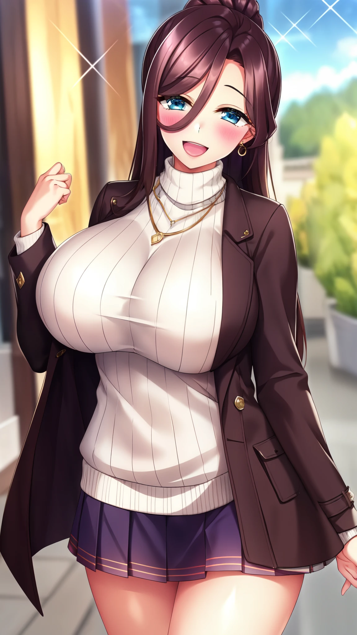 1girl, breasts, jewelry, solo, brown hair, blue eyes, skirt, large breasts, smile, looking at viewer, sweater, turtleneck, open mouth, earrings, necklace, purple skirt, long hair, turtleneck sweater, coat, white sweater, ponytail, open clothes, blush, brown coat, open coat, long sleeves, :d, pleated skirt, ribbed sweater, jacket, upper teeth only, teeth, side lock