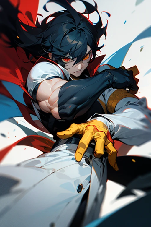 He fights hand to hand, he has hair that is half black and half white, he has one red eye and the other is yellow and he is strong