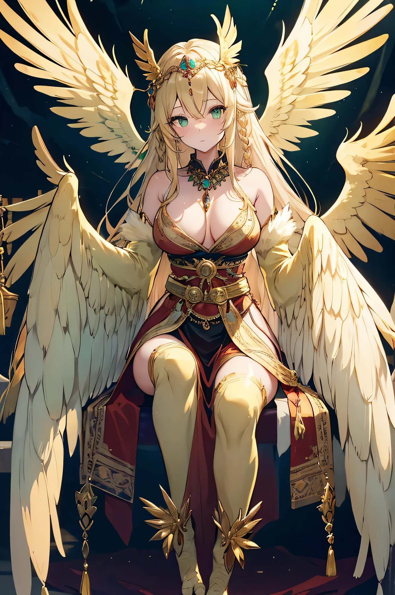 4k,High resolution,One Woman,Harpy,Cream colored hair,long hair,Braid,Green Eyes,Big Breasts,White Wings,Golden toenails,goddess,White goddess dress,Winged headgear,Jewelry decoration,Gold decoration,Temple in the Sky,Aurora Background