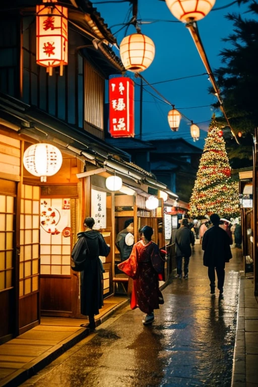 Edo period Japan, a town at night, townspeople coming and going, Christmas lights shining, light colors throughout,